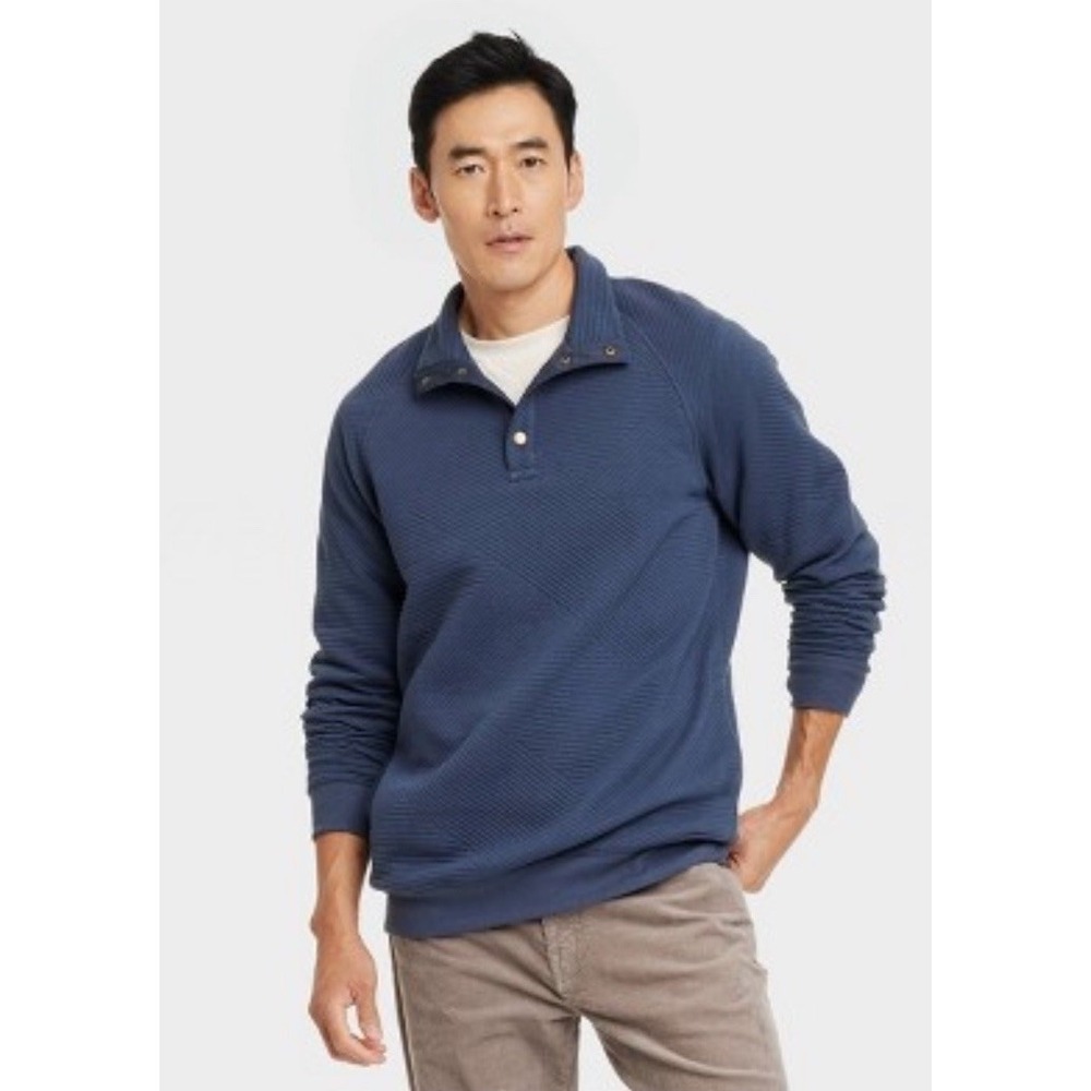 Goodfellow‎ & Co Men's Navy Pullover Sweatshirts Diamond Quilted Pattern Snap